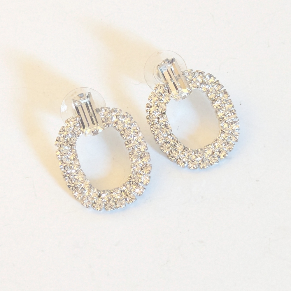 Silver Tone Glam Baguette Rhinestone Bridal Bridesmaid Wedding Post Earrings